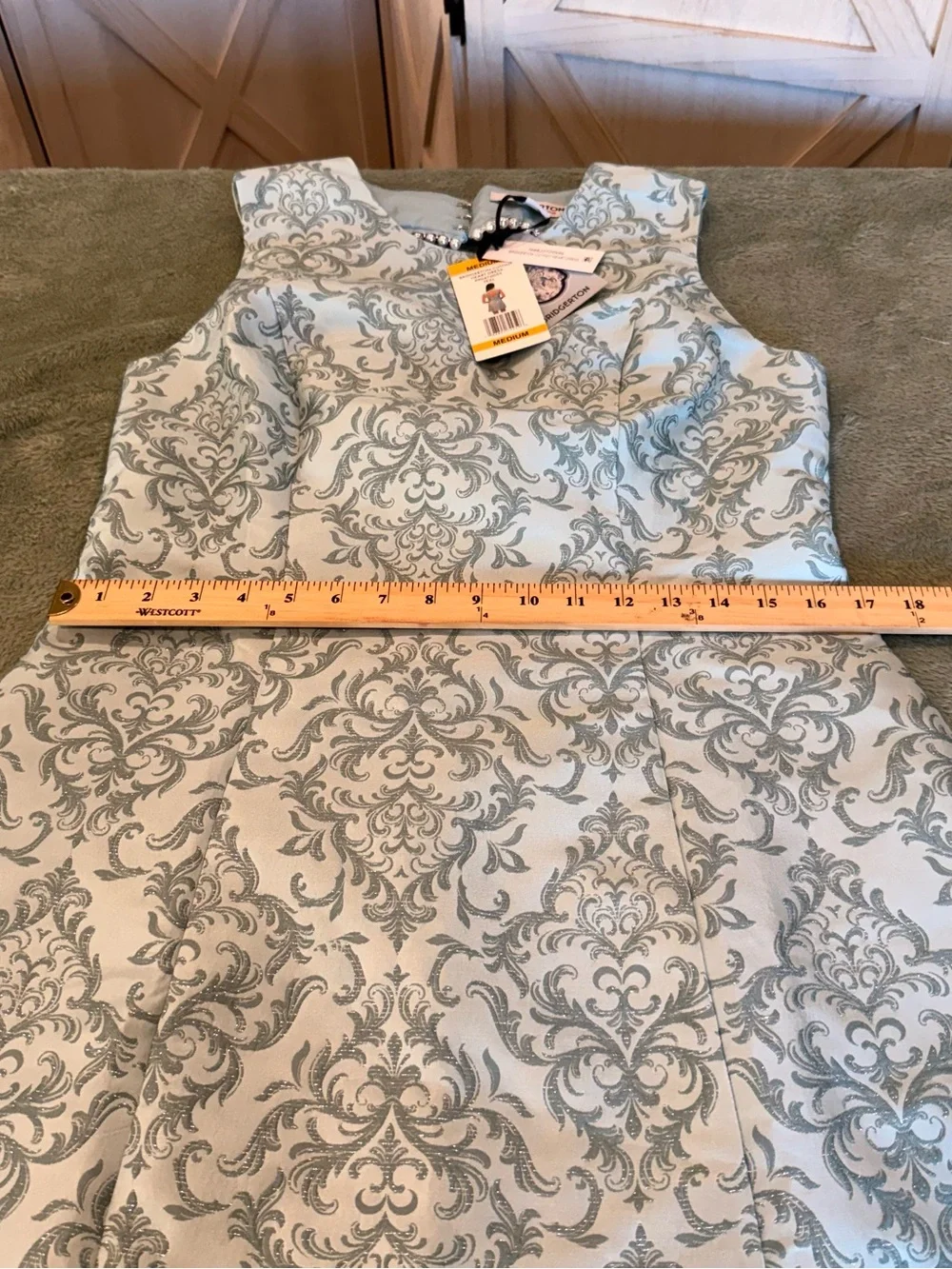 Bridgerton Cutout Heart Dress Teal Damask Pearl Back Detail Women’s M NWT - Picture 12 of 16